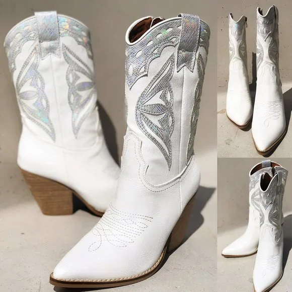 White Iridescent Metallic Applique Pointy Toe Block Heel Cowgirl Western Boots - Picture 2 of 15